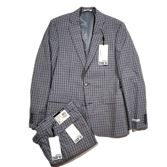 Bar III Slim Fit Suit Mens 38R 38 2 Piece Pants 28x30 Grey‎ Check $395 NEW